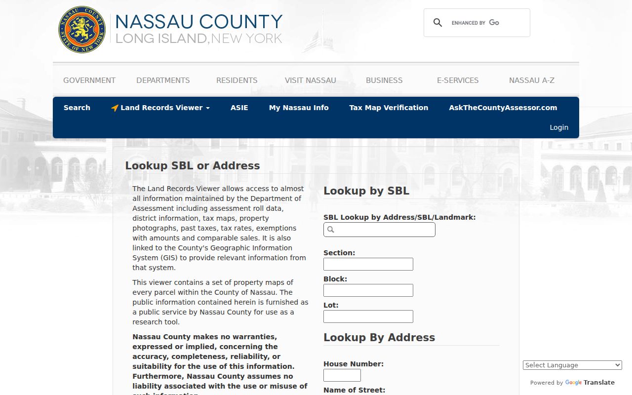 Nassau Land Records Viewer address and parcel search fields