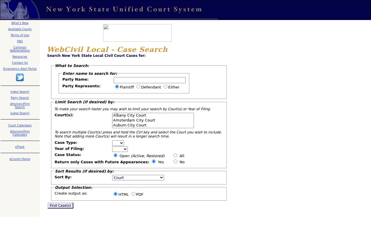 New York WebCivil Local court party-search controls