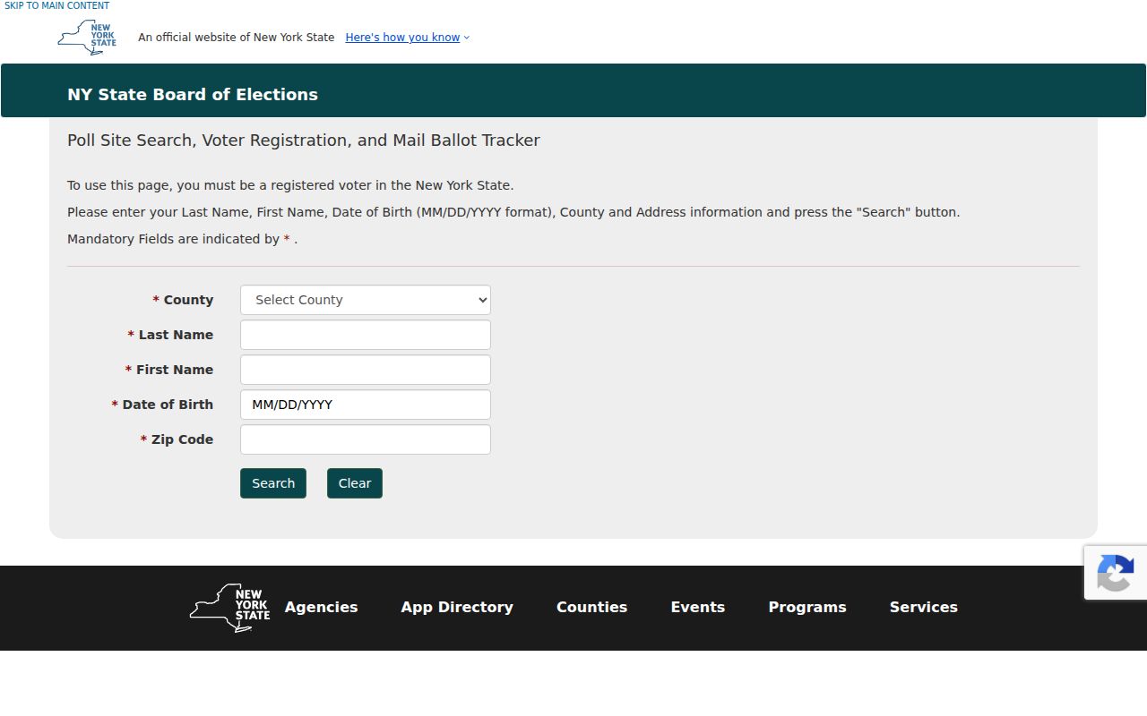 New York voter lookup form with name, birth date, county, and address inputs