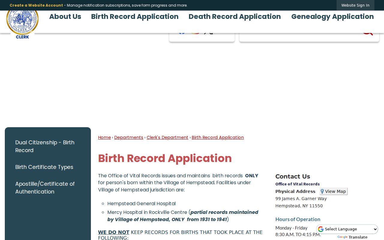 Hempstead resident lookup Village birth record application requirements