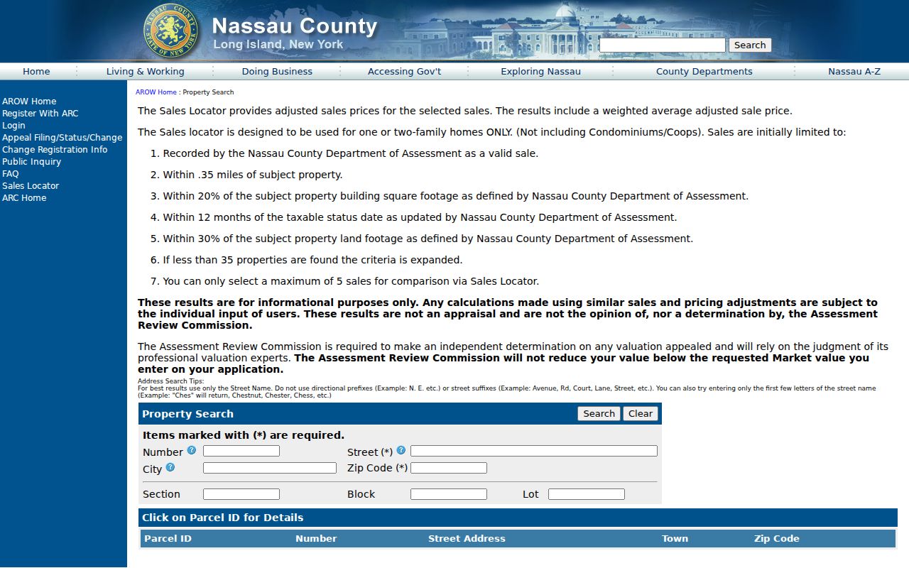 Hempstead ZIP code directory property search fields in Nassau AROW